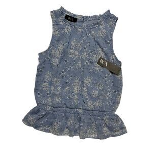 BCX Juniors Sleeveless Peplum Top XS Elastic waist Blue w/ White Floral Pattern